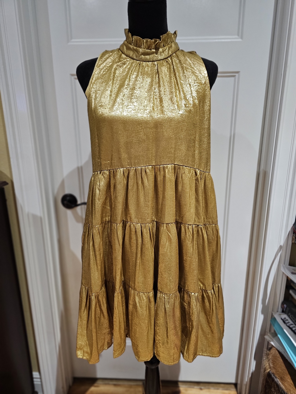 TCEC Metallic Gold Ruffle Mock-Neck Tiered Party Dress